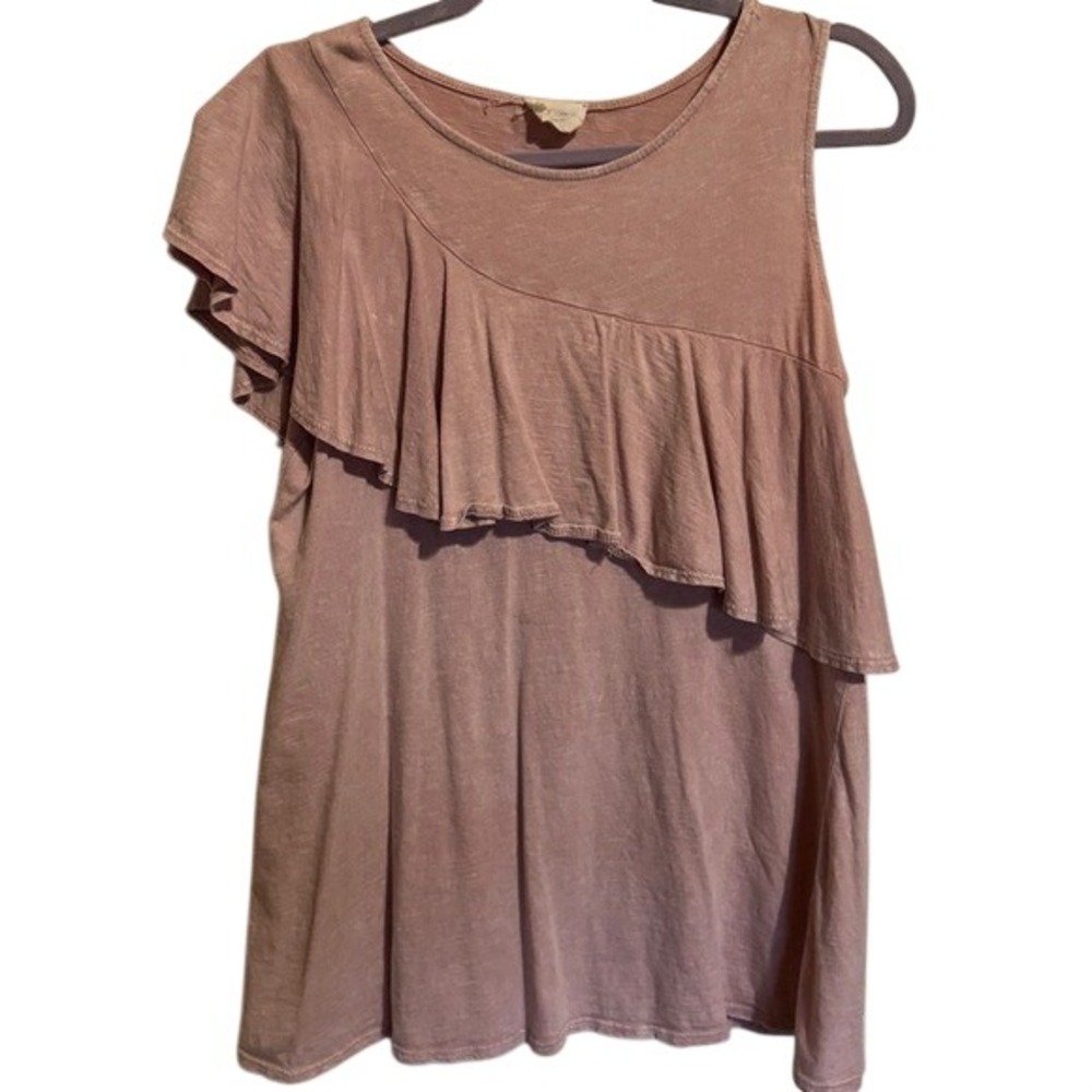 143 Story by Line Up Mauve Pink Asymmetrical Ruffle‎ Cold Shoulder Top Slub Knit
